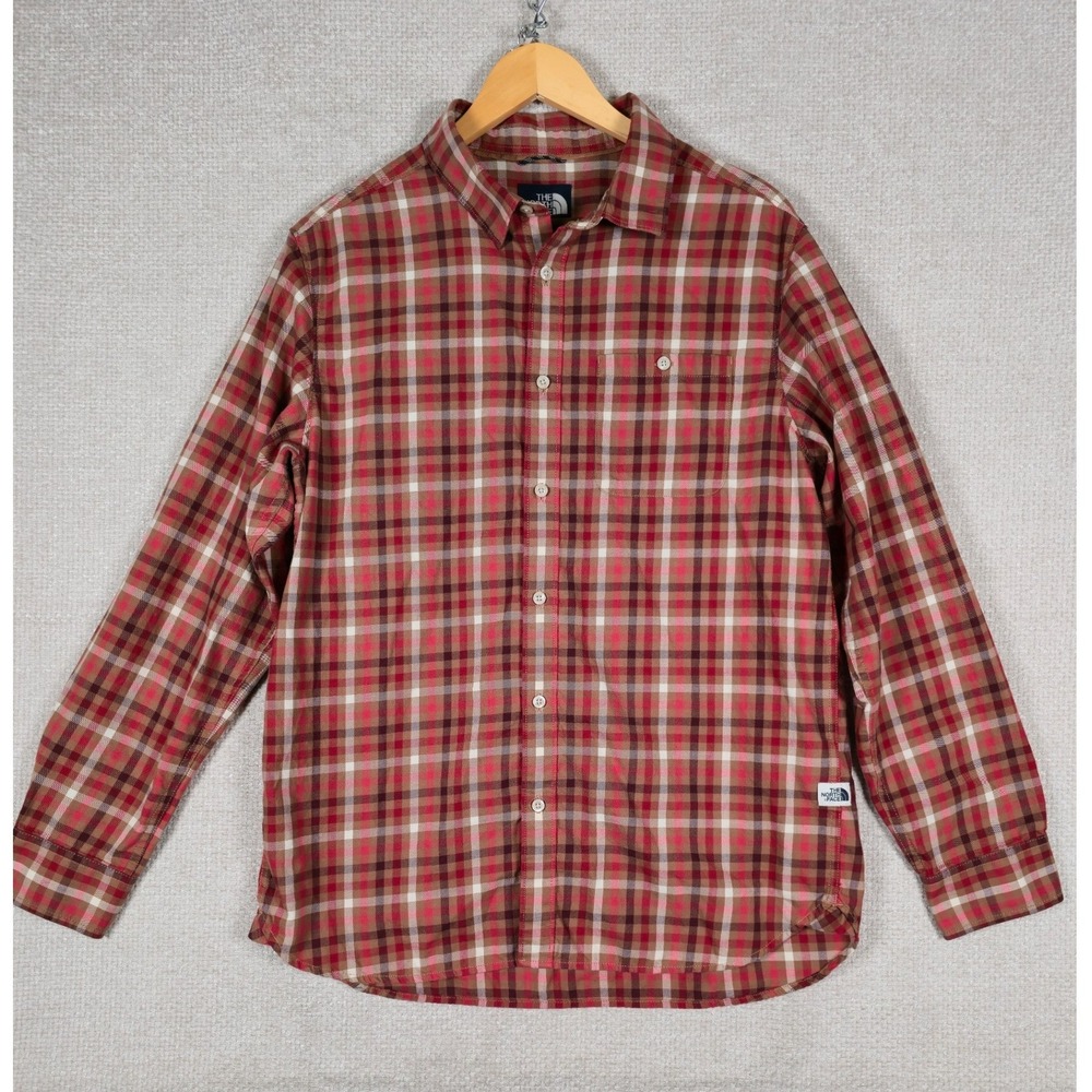 The North Face Mens Large Plaid Button Down Shirt Red Brown Long Sleeveโ Cotton